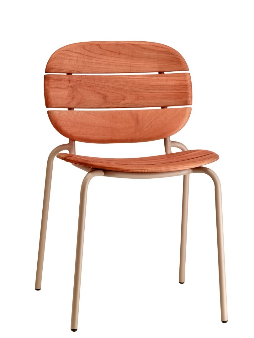 Si-Si Chair with Mahogany Wood Slatted Seating and Tubular Metal Frame